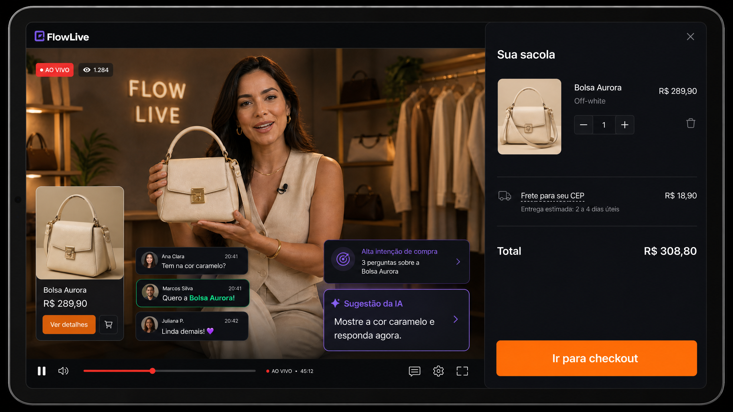 Demonstração FlowLive com apresentadora ao vivo, mensagens de compra, alertas de IA e checkout no contexto
